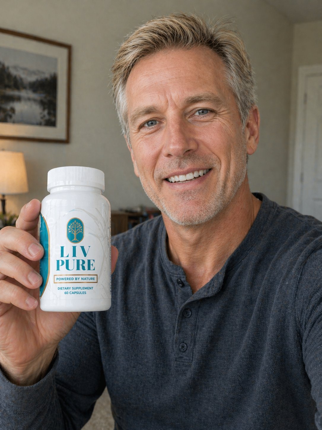 Liv Pure customer review - satisfied older man with Liv Pure bottle